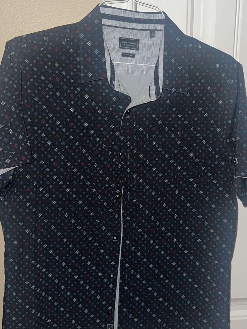 7 Diamonds Black Button-Up Shirt with Red & Blue Diamond Print